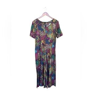 Vintage 80s Botancial Abstract short Sleeve Wide Leg Rayon Jumpsuit Sz 8 Whimsy